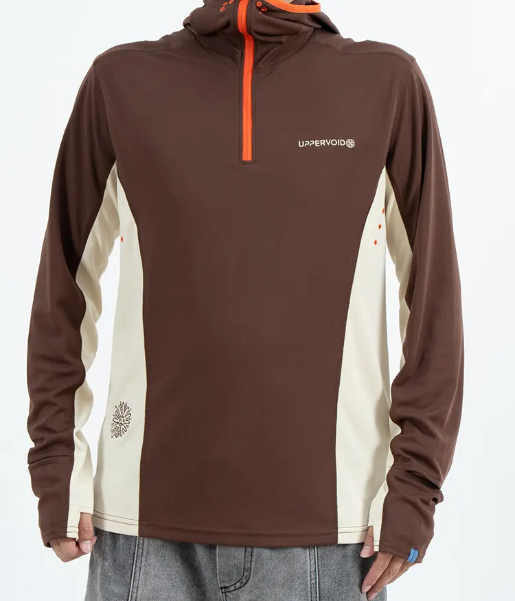 Outdoor Sun-Protective Quarter-Zip Hooded Top with Cream Side Panels and Orange Trim