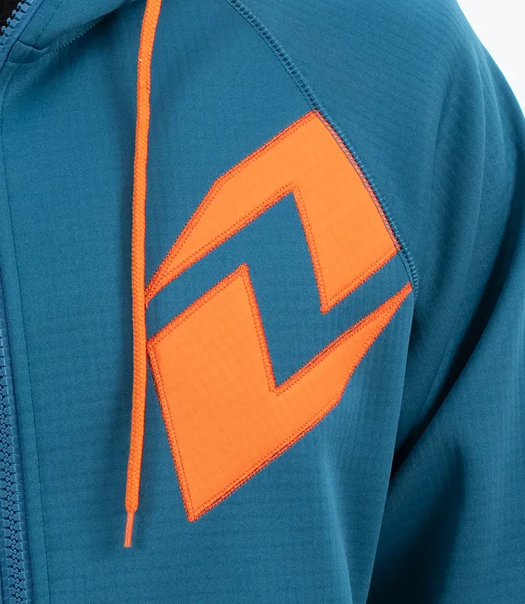 Teal Raglan Zip-Up Hoodie with Orange Chest Graphic and Drawcord