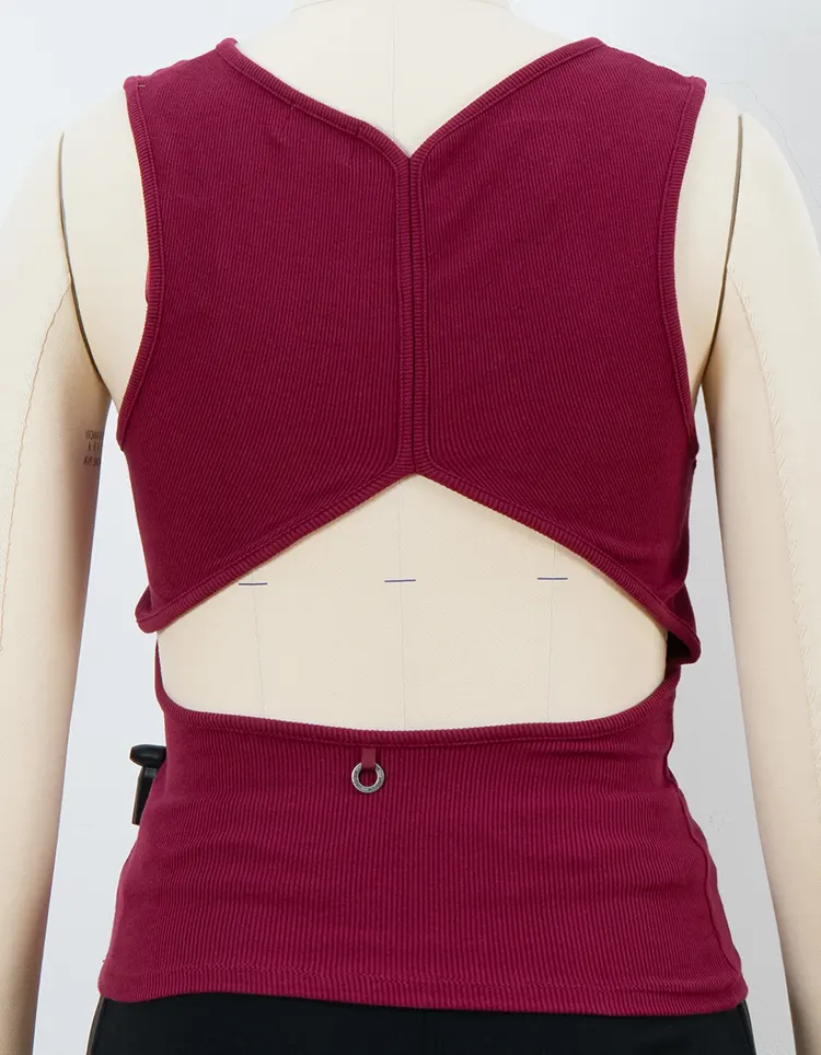 Ribbed High-Neck Tank Top with Angular Back Cutout