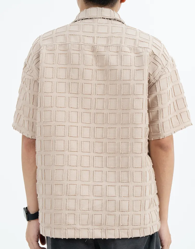 Boxy Short Sleeve Shirt with Raised Grid Texture and Twin Chest Pockets