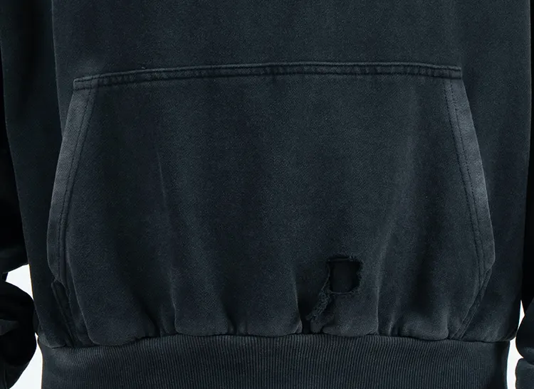 Cropped Pullover Hoodie with Eyelet Motif and Distressed Pocket Detail