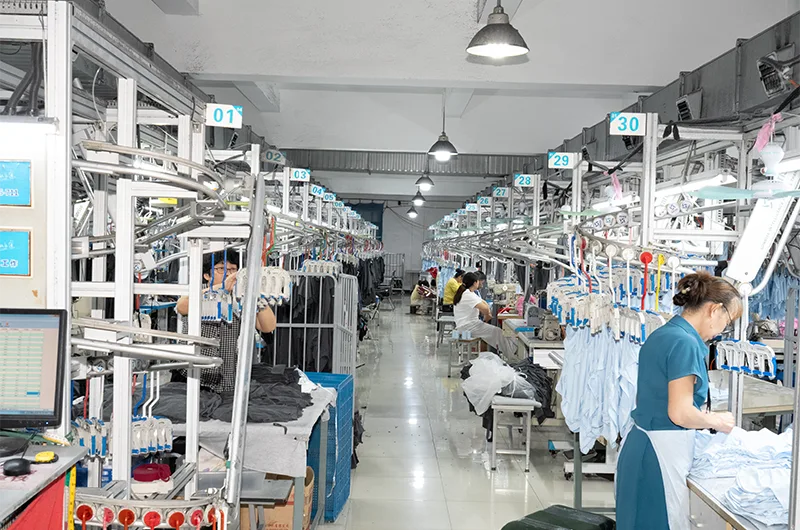 Sewing production line with overhead conveyor system in Dongbang factory